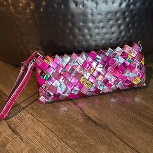 Nahui Ollin Wristlet Clutch Woven Candy Wrapper Pink